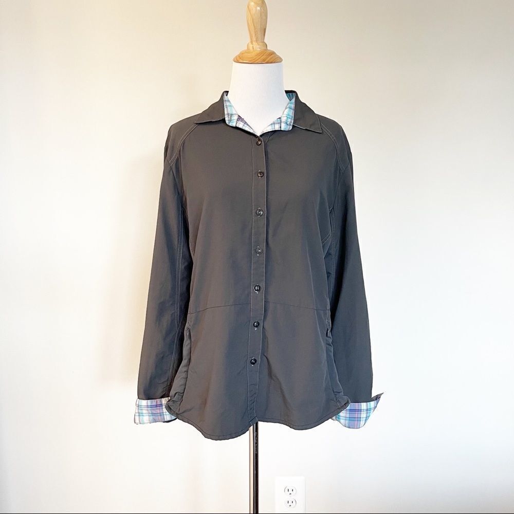 Gray Women's Kuhl Hiking Shirt with rolled sleeves